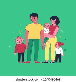 Vector illustration in trendy flat linear style - happy family and parenthood concept - happy mother and father with three children of different age - cartoon characters for infographics, banners