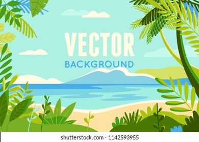 Vector illustration in trendy flat and linear style - background with copy space for text - plants, leaves, palm trees and sky - beach landscape - background for banner, greeting card- summer vacation