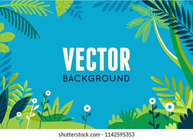 Vector illustration in trendy flat and linear style - background with copy space for text - plants, leaves, palm trees and sky - background for banner - summer vacation concept 