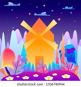 Vector illustration in trendy flat and linear style - background withтplants, mill, leaves and forest landscape - background for banner, greeting card, poster and advertising.