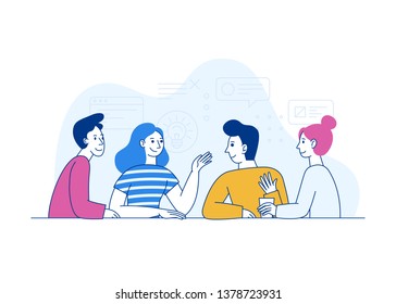 Vector illustration in trendy flat linear style - creative team working together - guys and girls - business meeting concept with cartoon characters - design template for horizontal banner 