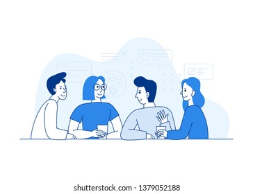 Vector illustration in trendy flat linear style - creative team working together - guys and girls - business meeting concept with cartoon characters - design template for horizontal banner 