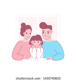 Vector illustration in trendy flat linear style - happy family and parenthood concept - happy mother and father with a baby - cartoon characters for infographics, banners, cover and hero images