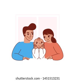 Vector illustration in trendy flat linear style - happy family and parenthood concept - happy mother and father with a baby - cartoon characters for infographics, banners, cover and hero images