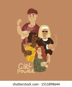 Vector illustration in trendy flat linear minimal style with female characters - girl power and feminism concept - diverse women standing together