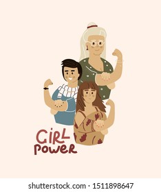 Vector illustration in trendy flat linear minimal style with female characters - girl power and feminism concept - diverse women standing together