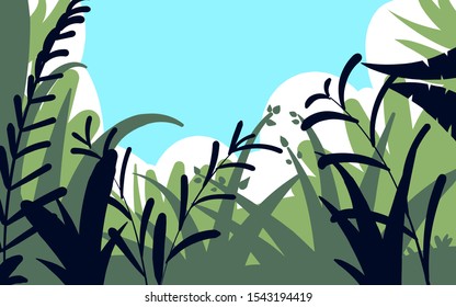Vector illustration in trendy flat and linear style - background with copy space for text - green plants and leaves	
