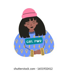 Vector illustration in trendy flat linear minimal style with female character - girl power and feminism concept. Cute girl in a sweater with the inscription ' Girl power '