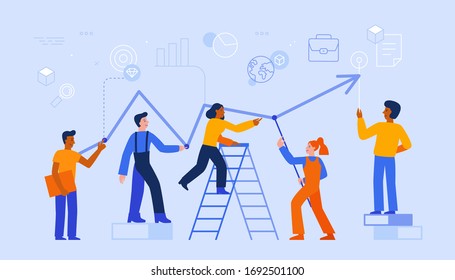 Vector illustration in trendy flat and linear style - teamwork and business growth concept - people constructing graphics - banner and infographics design template - economy crisis 