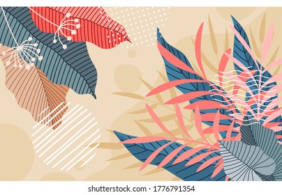 Vector illustration in trendy flat and linear style - abstract simple background with leaves and plants.