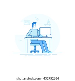 Vector illustration in trendy flat linear style and blue colors - man working sitting at the desk with computer - creative and freelance work concept in home office
