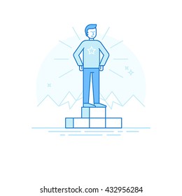 Vector illustration in trendy flat linear style in blue colour - business competition winner - man standing on the podium on the first place - career achievement