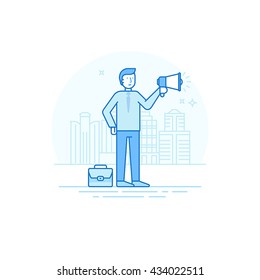 Vector illustration in trendy flat linear style in blue colors - man holding megaphone and loudspeaker - business advertising and promotion concept