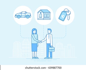 Vector illustration in trendy flat linear style - sharing economy and collaborative consumption concept and infographic elements - peer to peer lending and renting - carsharing, coworking, coliving