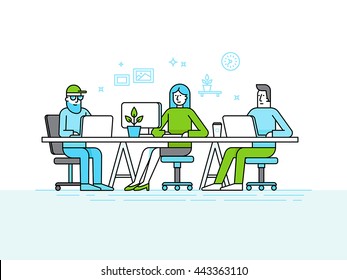 Vector illustration in trendy flat linear style and infographics design elements - coworking office space - creative team of people working at the computers and laptops - online business and start up