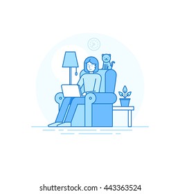 Vector illustration in trendy flat linear style - woman character working at the laptop sitting in the armchair with cat - home office and remote creative team mconcept