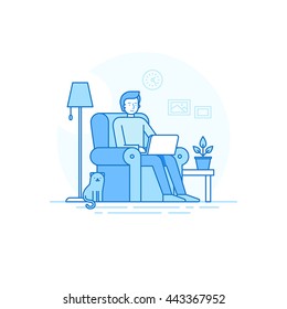 Vector Illustration In Trendy Flat Linear Style - Man Character Working At The Laptop Sitting In The Armchair With Cat - Home Office And Remote Creative Team Member - Outsource And Freelance Work 