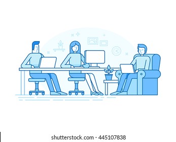 Vector illustration in trendy flat linear style and blue colors - coworking space with creative team sitting at the desk with computers and laptops working on online business and start up - banner