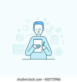 Vector illustration in trendy flat linear style - male character holding business report and pen - finance consultant and copywriter concept for banner or landing page
