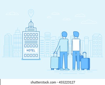 Ilustración vectorial en estilo lineal moderno - personas que llegan al edificio del hotel con bolsas y equipajes - concepto de viaje e icono