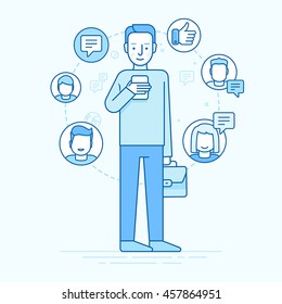 Vector illustration in trendy flat linear style - man holding the mobile phone with smile on his face - receiving comments, notifications and appreciations from his customers and followers