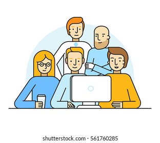 Vector illustration in trendy flat linear style - creative team working on a website for start up business - men and woman at the computer - developing and management of the project - human resources
