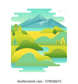Vector illustration in trendy flat and linear style - background with green landscape and mountains - concept and design element for banners, infographics, greeting card - travel concept