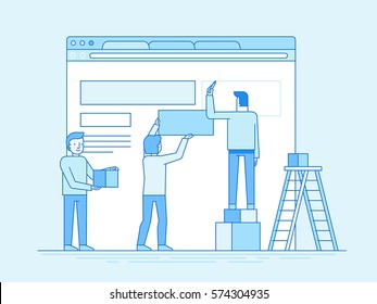 Vector illustration in trendy flat and linear style - web design and user interface development concept - small people building website with blocks in the browser - and infographics design template