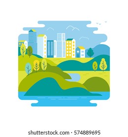 Vector illustration in trendy flat and linear style - background with green landscape and city skyline - concept and design element for banners, infographics, greeting card - travel concept