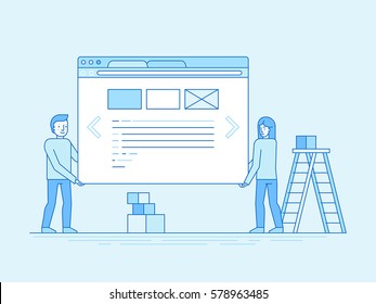 Vector Illustration In Trendy Flat And Linear Style - Web Design And User Interface Development Concept - Small People Building Website With Blocks In The Browser - Infographics Design Template