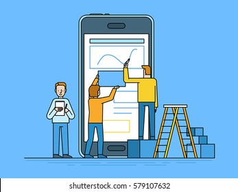 Vector illustration in trendy flat and linear style -mobile app design and user interface development concept - small people building application with blocks on the screen of the mobile phone