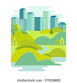 Vector illustration in trendy flat and linear style - background with green landscape and city skyline - concept and design element for banners, infographics, greeting card - travel concept