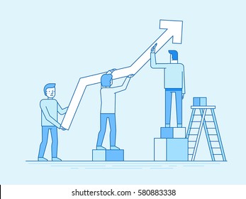 Vector illustration in trendy flat and linear style - teamwork and business growth concept - people constructing graphics - banner and infographics design template