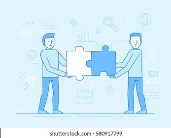 Vector illustration in trendy flat and linear style - teamwork concept - people carrying puzzle pieces - banner and infographics design template