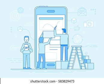 Vector illustration in trendy flat and linear style -mobile app design and user interface development concept - small people building application with blocks on the screen of the mobile phone 