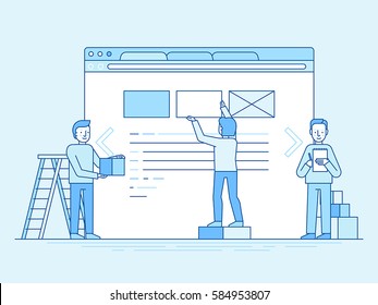 Vector illustration in trendy flat and linear style - web design and user interface development concept - small people building website with blocks in the browser - banner and infographics design 