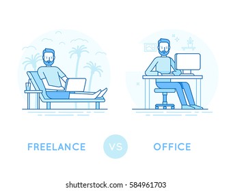 Vector illustration in trendy flat and linear style - freelance vs office - infographics design template - comparison of different style of work - outsourced employee and office worker