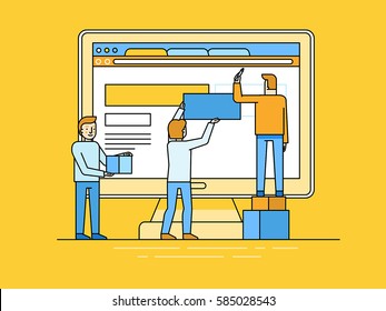 Vector illustration in trendy flat and linear style - web design and user interface development concept - small people building website with blocks in the browser - banner and infographics design 