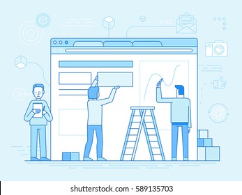 Vector illustration in trendy flat and linear style - web design and user interface development concept - small people building website with blocks in the browser - banner and infographics design 