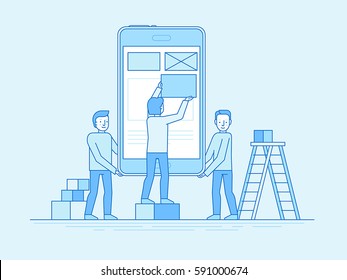 Vector illustration in trendy flat and linear style -mobile app design and user interface development concept - small people building application with blocks on the screen of the mobile phone 