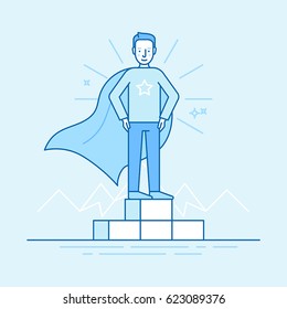 Vector illustration in trendy flat linear style in blue colour - business competition winner - man standing on the podium on the first place - super hero 