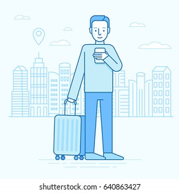 Vector illustration in trendy flat linear style and blue colors - traveling man with mobile phone searching for hotel in mobile app - travel concept and icon