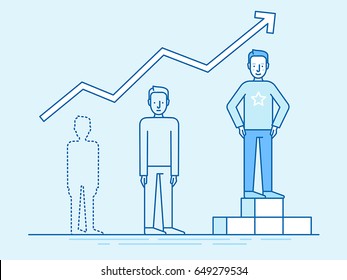 Vector illustration in trendy flat linear style in blue colour - business growth and career achievement concept - man from zero to standing on the podium on the first place infographics design element