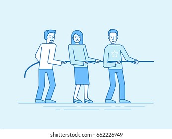 Vector illustration in trendy flat and linear style and blue colors - teamwork concept - people pulling rope - business competition and challenge -  banner and infographics design template