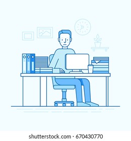 Vector illustration in trendy flat linear style and blue colors - man working sitting at the desk with computer and hard working - busy and overloaded employee