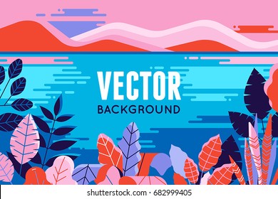 Vector illustration in trendy flat and linear style - background with copy space for text - plants, leaves and nature landscape - background for banner, greeting card, poster and advertising