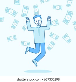 Vector illustration in trendy flat linear style in blue colour - happy man winning money lottery - dollar rain falling on lucky guy - business success concept