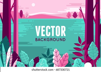 Vector illustration in trendy flat and linear style - background with copy space for text - plants, leaves and forest landscape - background for banner, greeting card, poster and advertising