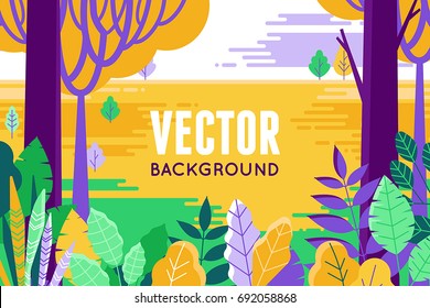 Vector illustration in trendy flat and linear style - background with copy space for text - plants, leaves and forest landscape - background for banner, greeting card, poster and advertising