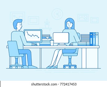 Vector illustration in trendy flat linear style and blue colors - woman and man working sitting at the desk with computer and hard working - busy and overloaded employee